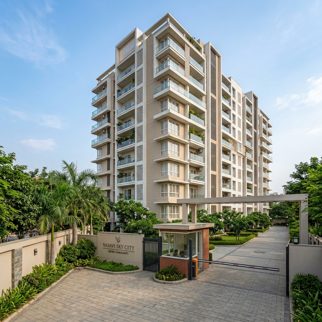 Modern apartment building in Hyderabad with security systems