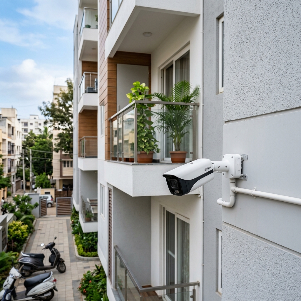CCTV camera neatly mounted on the exterior wall of a building
