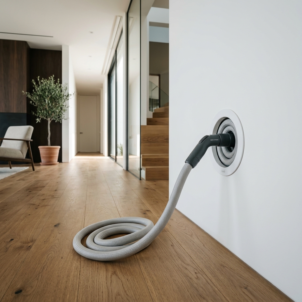 Sleek wall inlet valve with retractable hose for a central vacuum system in a modern luxury villa