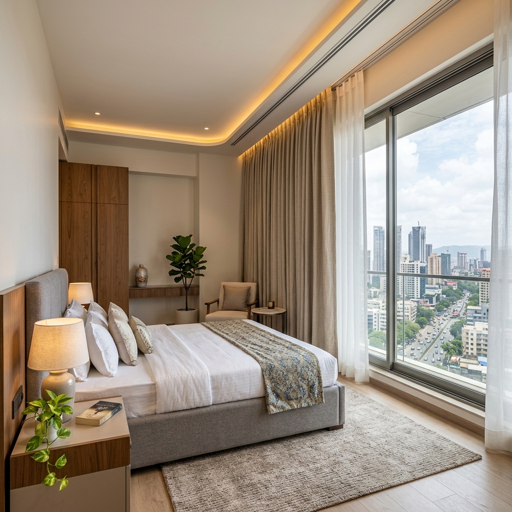 Elegant motorized curtains drawing automatically in a high-end living room
