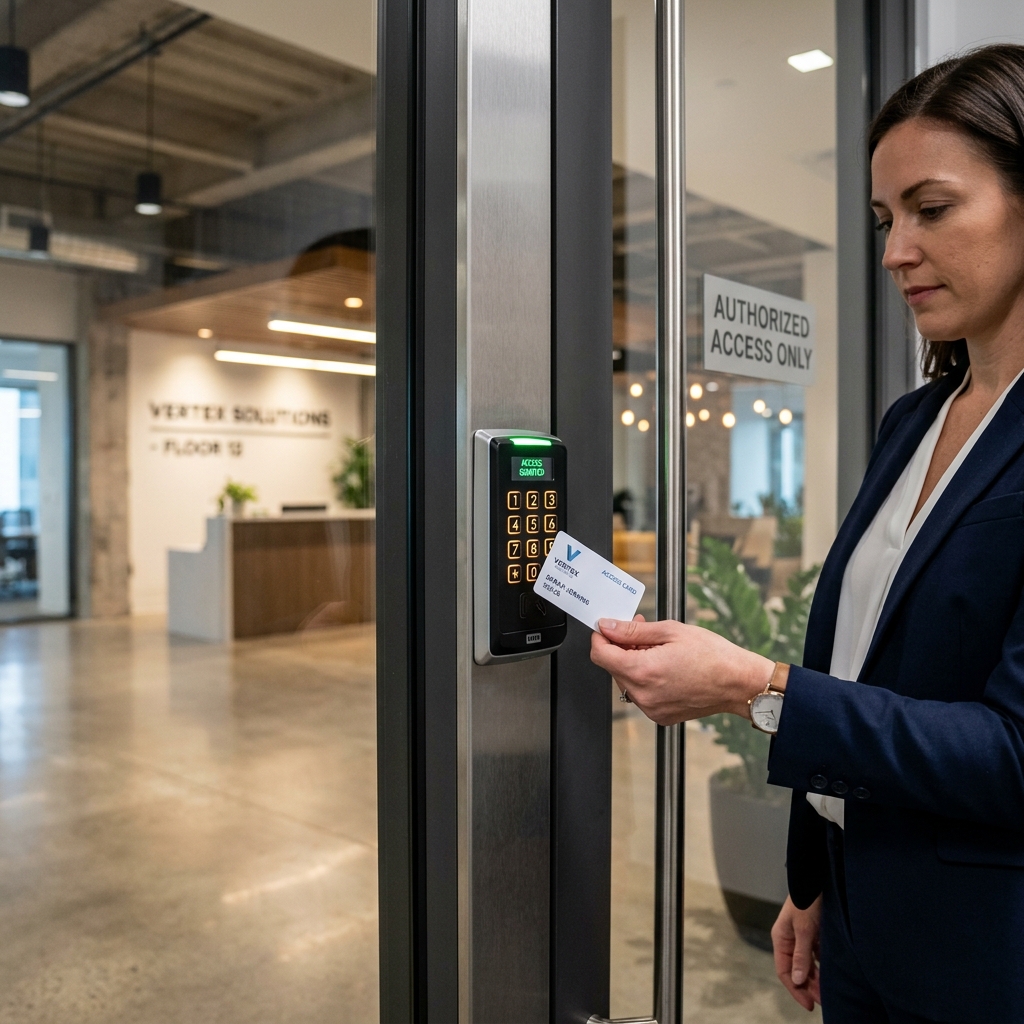 RFID keypad magnetic lock reader on a glass office door