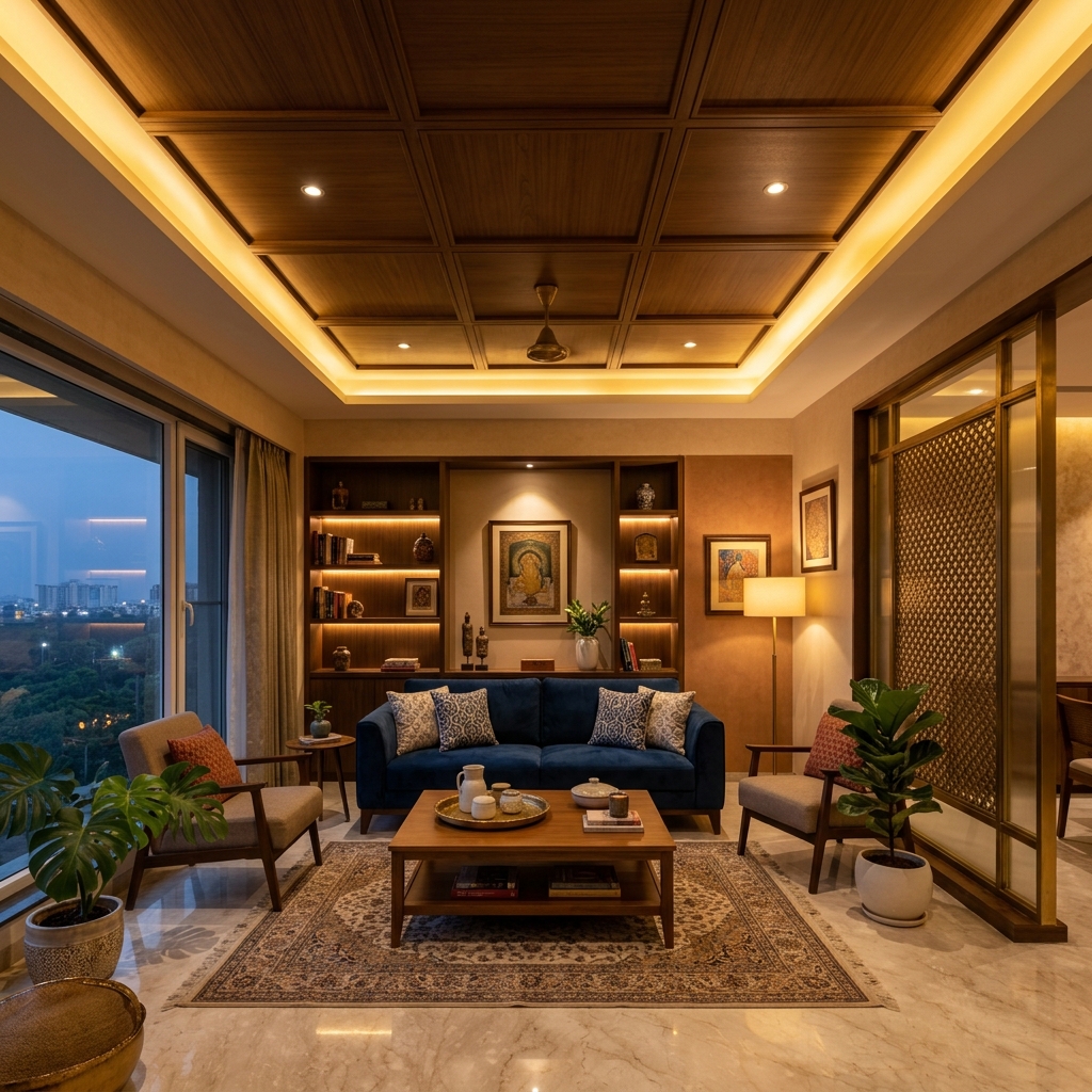 Warm layered smart lighting in a living room