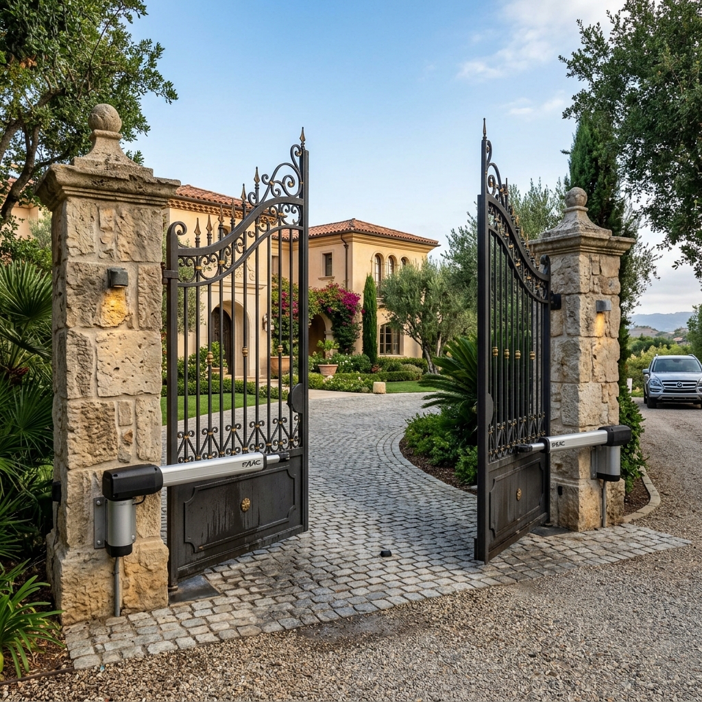 Heavy duty swing gate motor arm installed on a stone post
