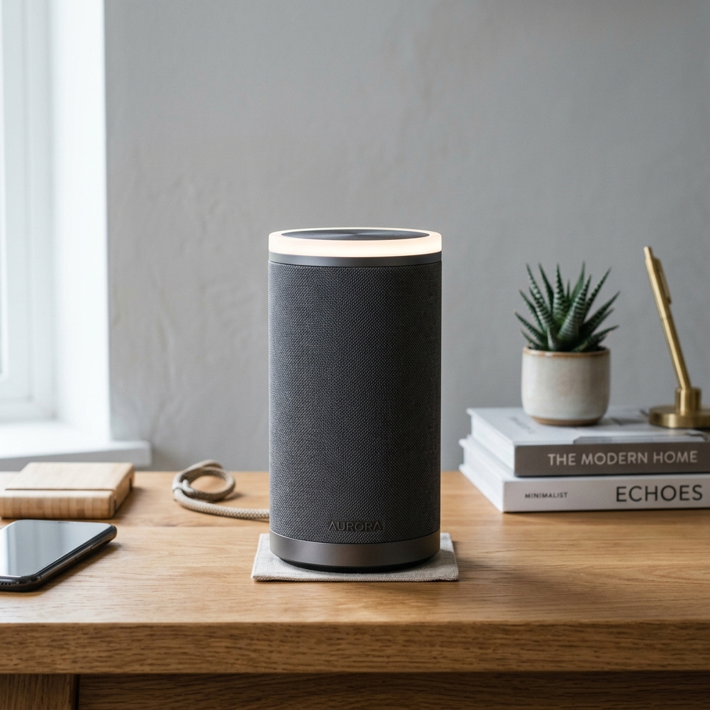 Voice control speaker next to curtains